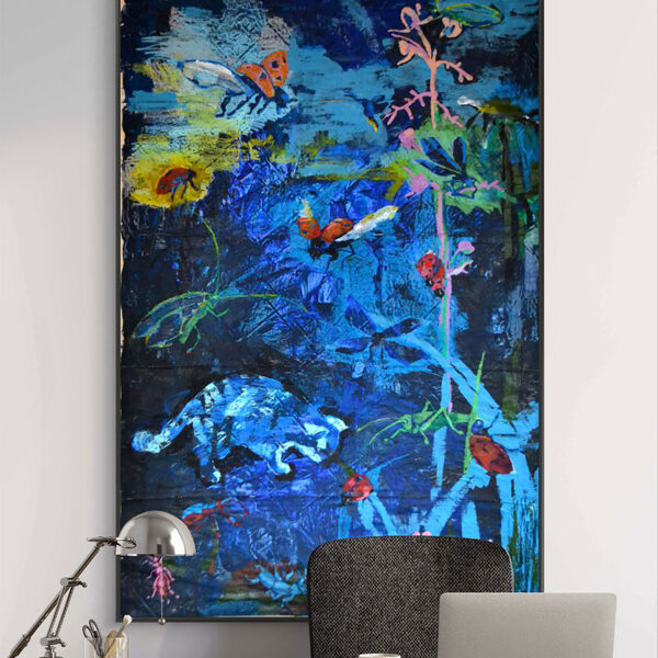 "Night hunt across the meadow" Tapestry cardboard oil crayo