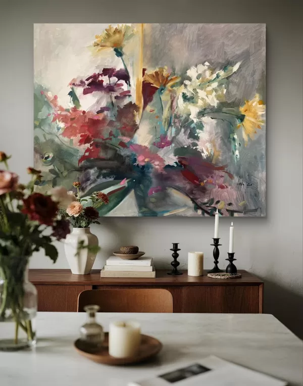 "Windowsill flowers"  Oil on canvas Size: 100 x 120 cm, 2021