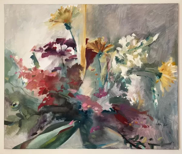 "Windowsill flowers"  Oil on canvas Size: 100 x 120 cm, 2021
