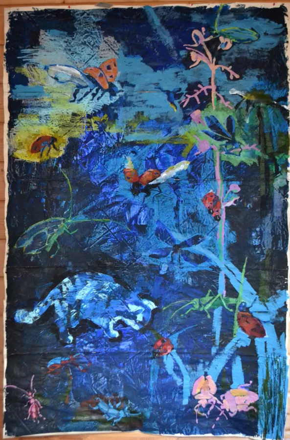 "Night hunt across the meadow" oil crayons, acrylic, gouach